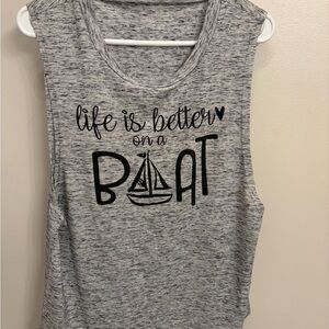 Women’s Grey Graphic Boat-Theme Sleeveless Tank Top life is better size large
